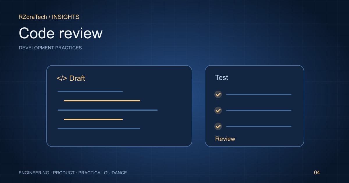 Code review illustration showing a code panel, validation checks, and human approval