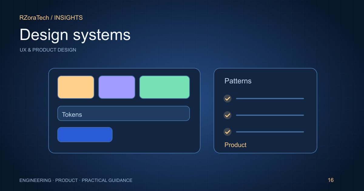 Design system illustration with semantic colour tokens, reusable controls, and assembled screens