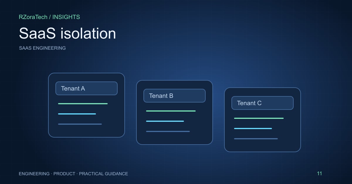 SaaS architecture illustration showing three isolated customer spaces on shared infrastructure