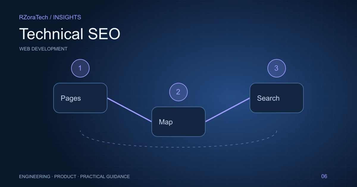 Website discovery illustration with article pages connected to a sitemap and search node